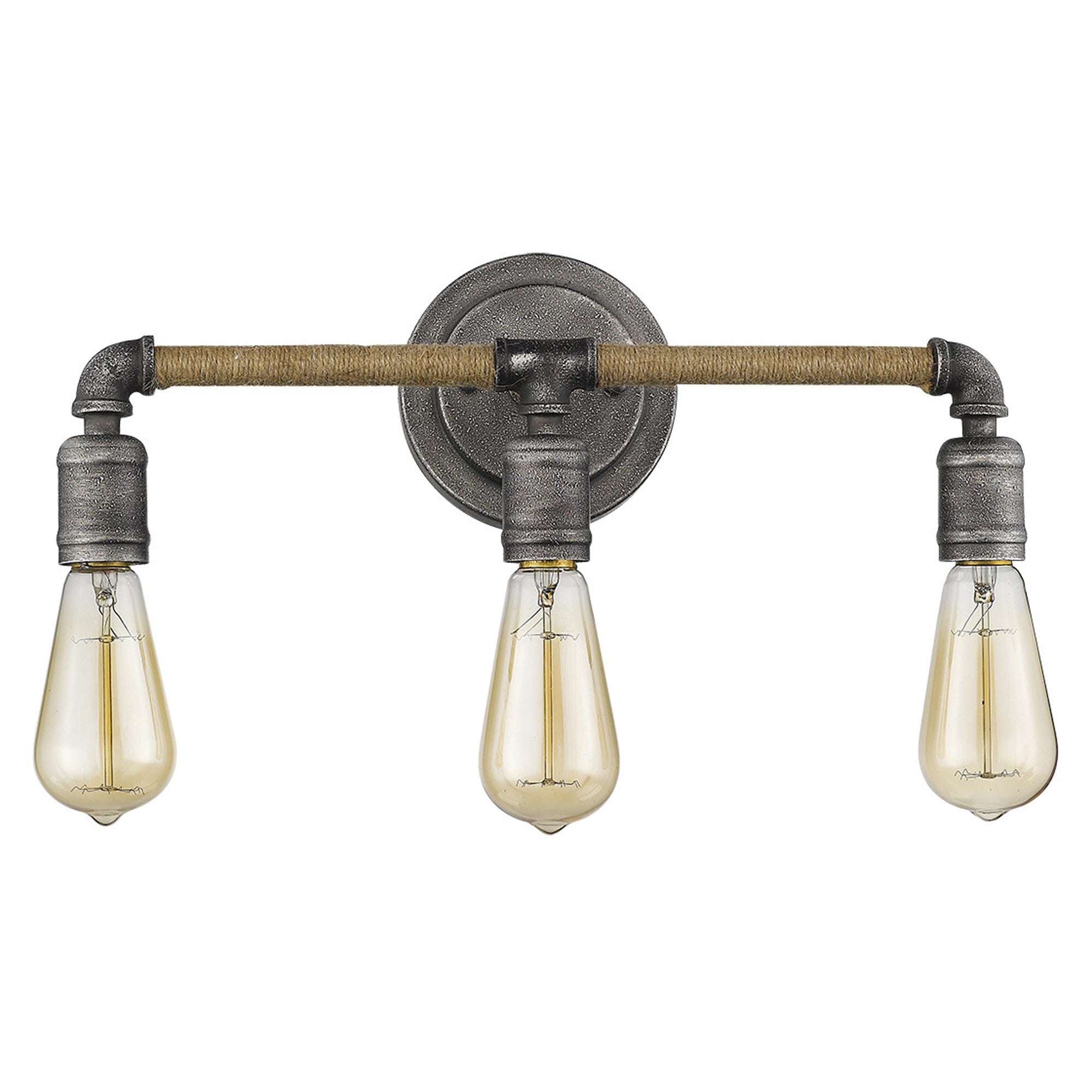 Front view of the Grayson 3-bulb antique gray industrial vanity light with jute-wrapped horizontal bar and vintage exposed bulbs