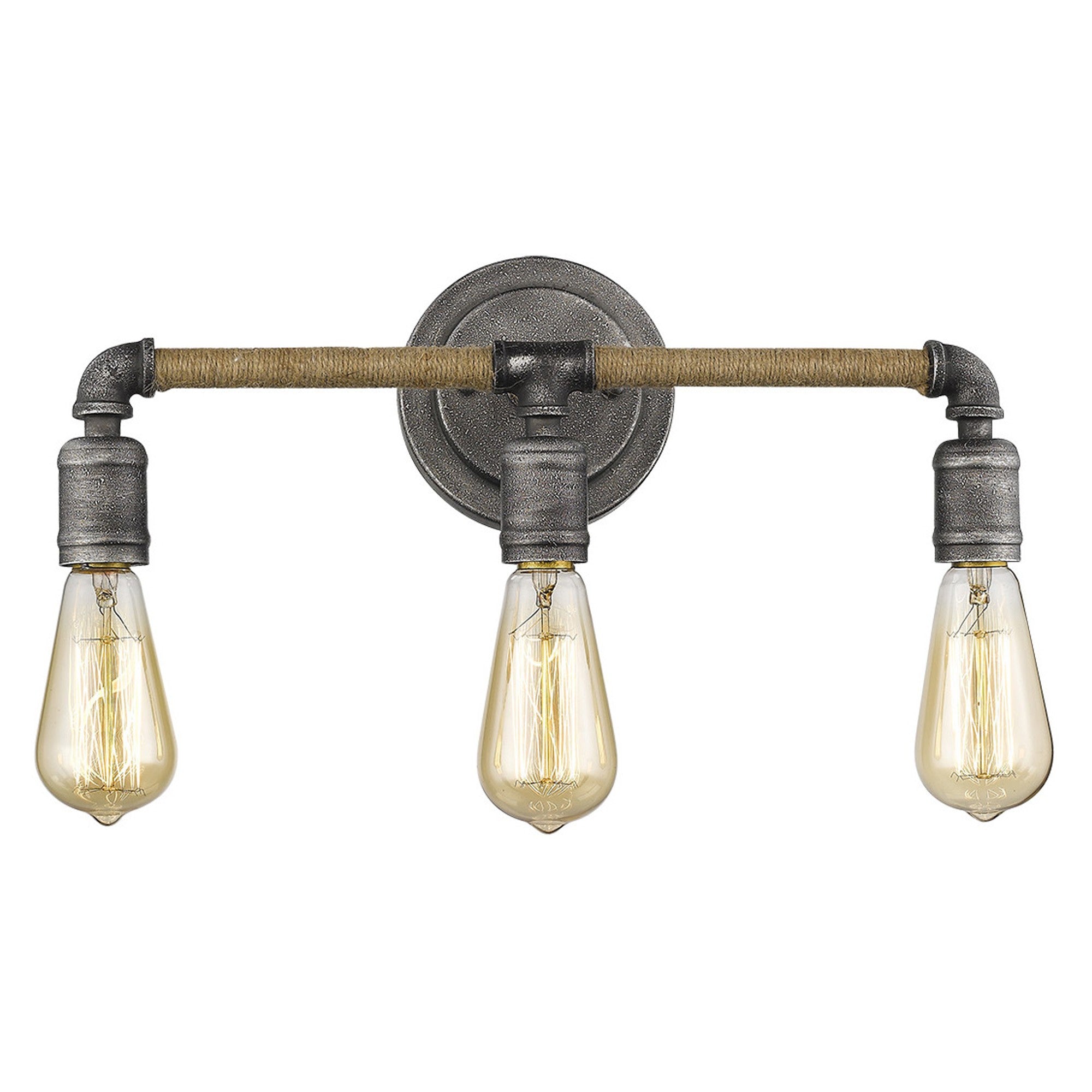 Front view of the lighted Grayson 3-bulb antique gray industrial vanity light with jute-wrapped horizontal bar and vintage exposed bulbs