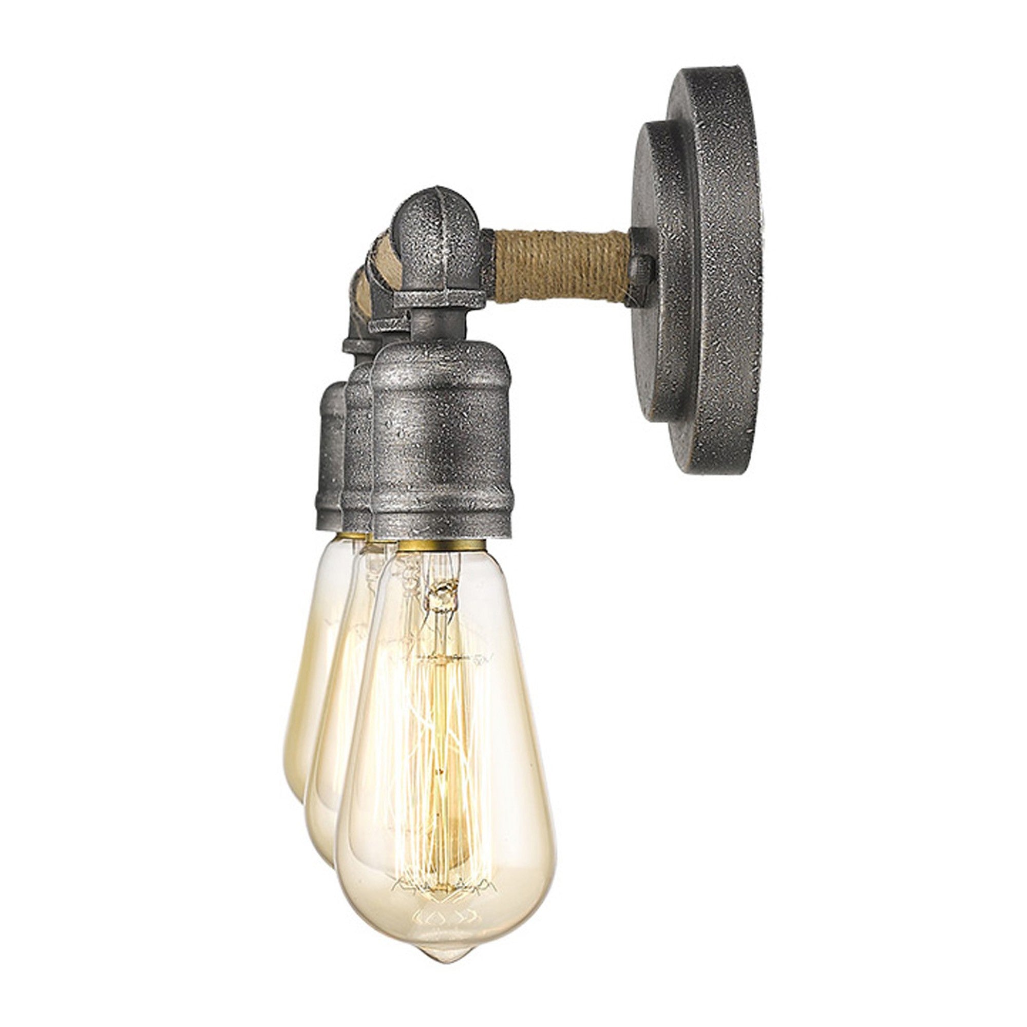 Side view of the lighted Grayson 3-bulb antique gray industrial vanity light with jute-wrapped horizontal bar and vintage exposed bulbs