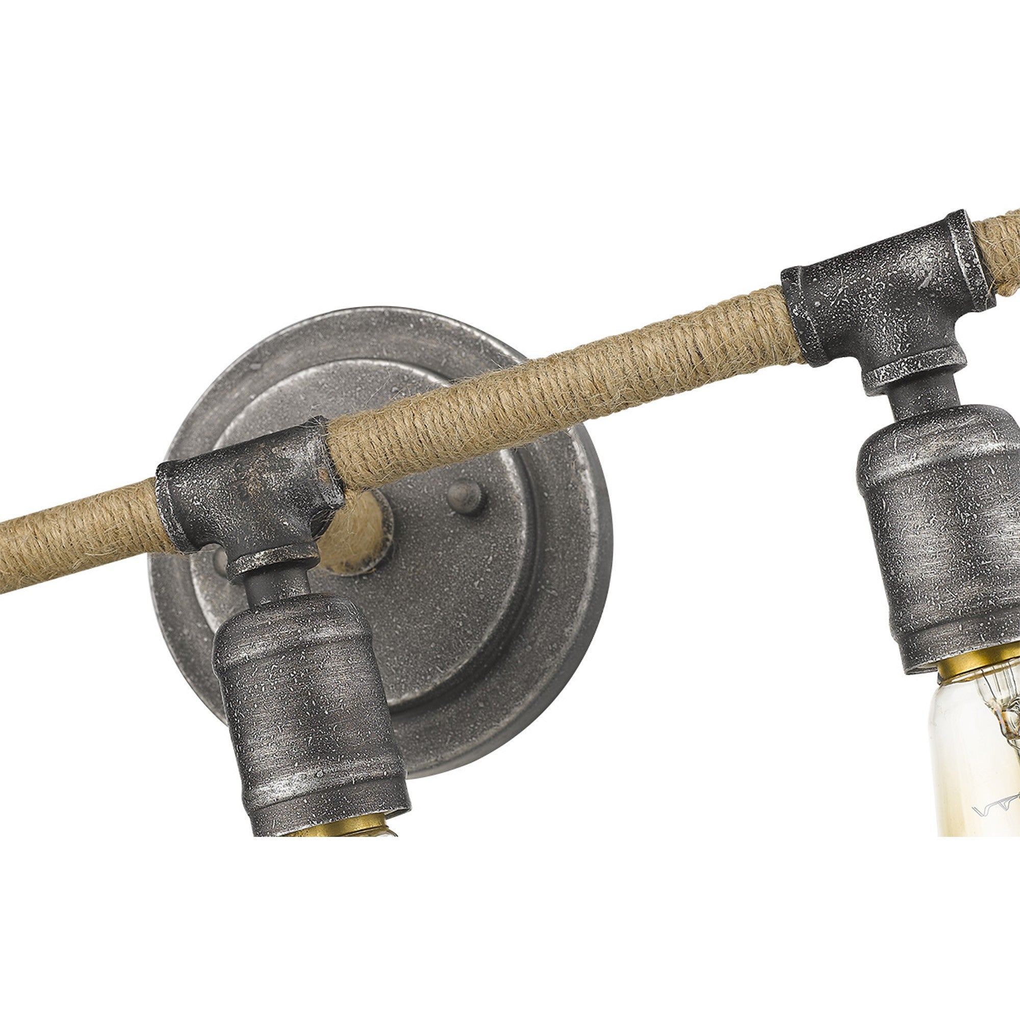 Zoomed in view of the wall plate and jute arms of the Grayson 3-bulb antique gray industrial vanity light with jute-wrapped horizontal bar and vintage exposed bulbs