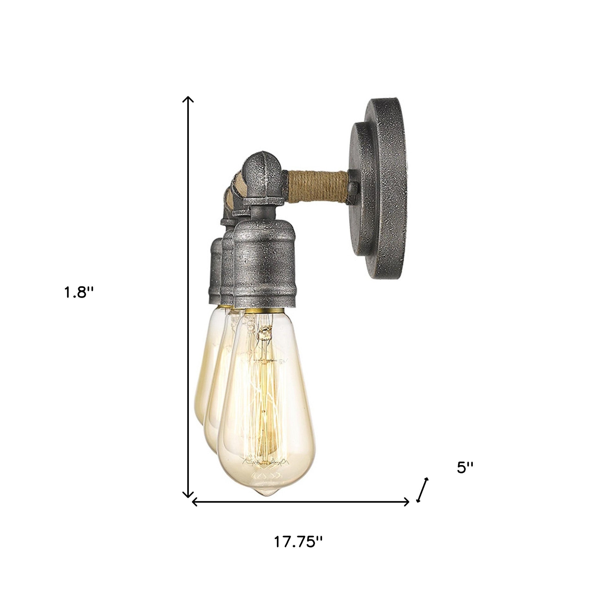 Grayson 3-bulb antique gray industrial vanity light with jute-wrapped horizontal bar and vintage exposed bulbs shown with dimensions of 10 inches high by seventeen point seven five inches wide by five inches deep