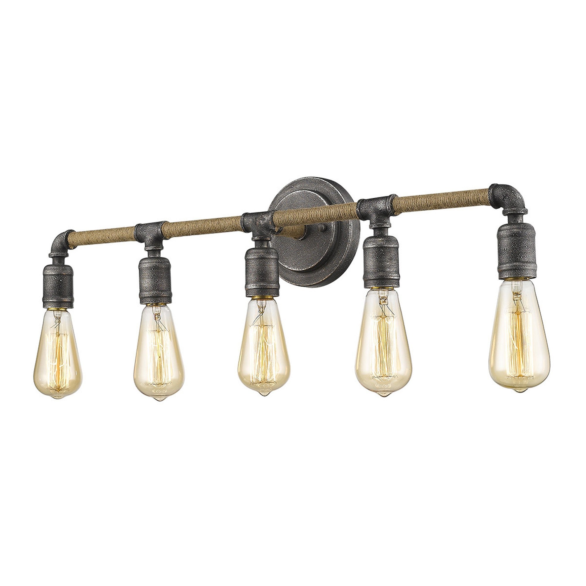 Front view of the lighted Grayson 5-bulb antique gray industrial vanity light with jute-wrapped bar and exposed bulbs
