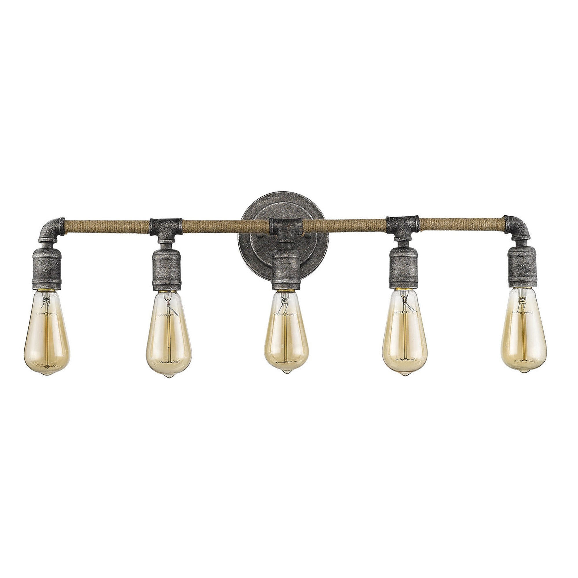 Front view of the Grayson 5-bulb antique gray industrial vanity light with jute-wrapped bar and exposed bulbs