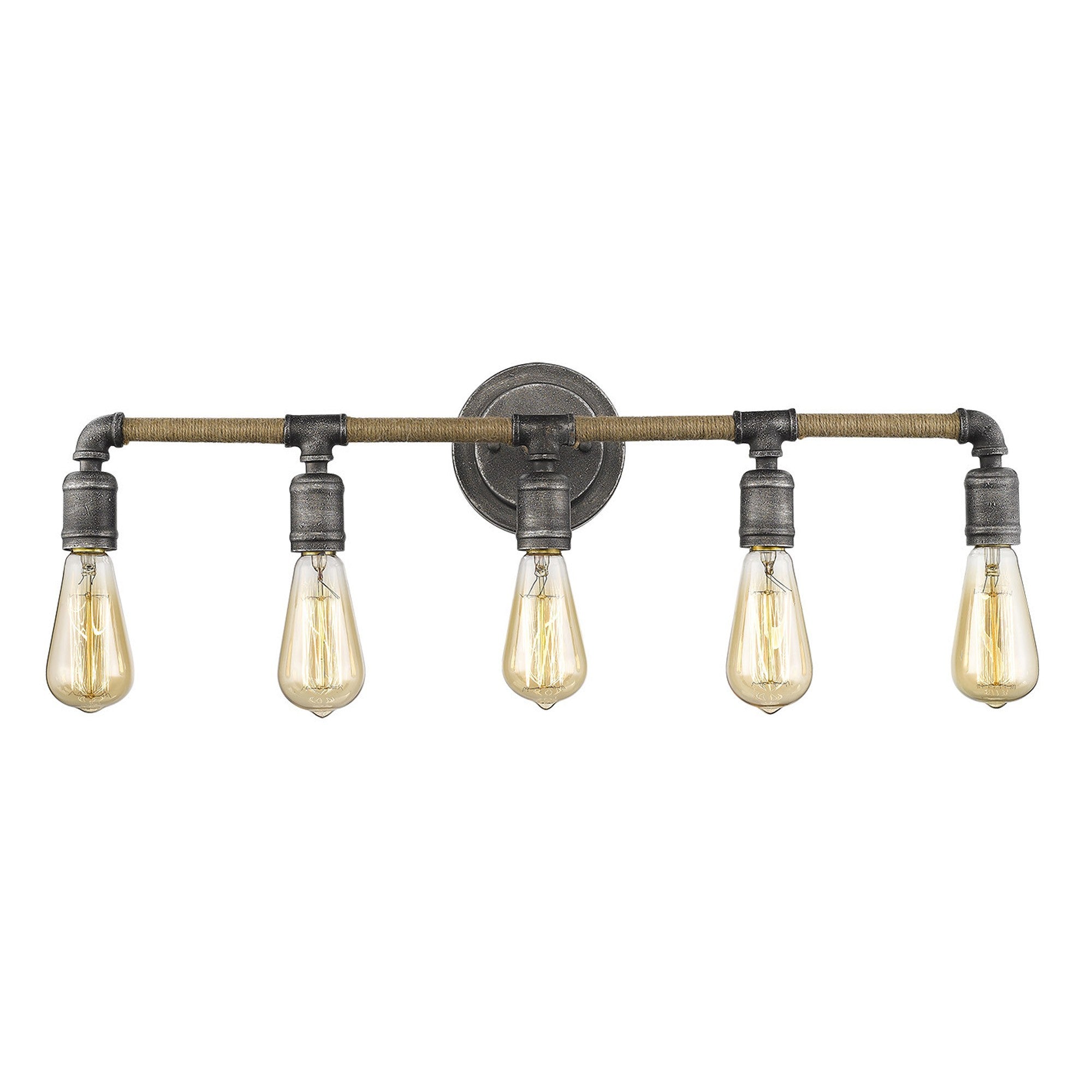 Front view of the lighted Grayson 5-bulb antique gray industrial vanity light with jute-wrapped bar and exposed bulbs