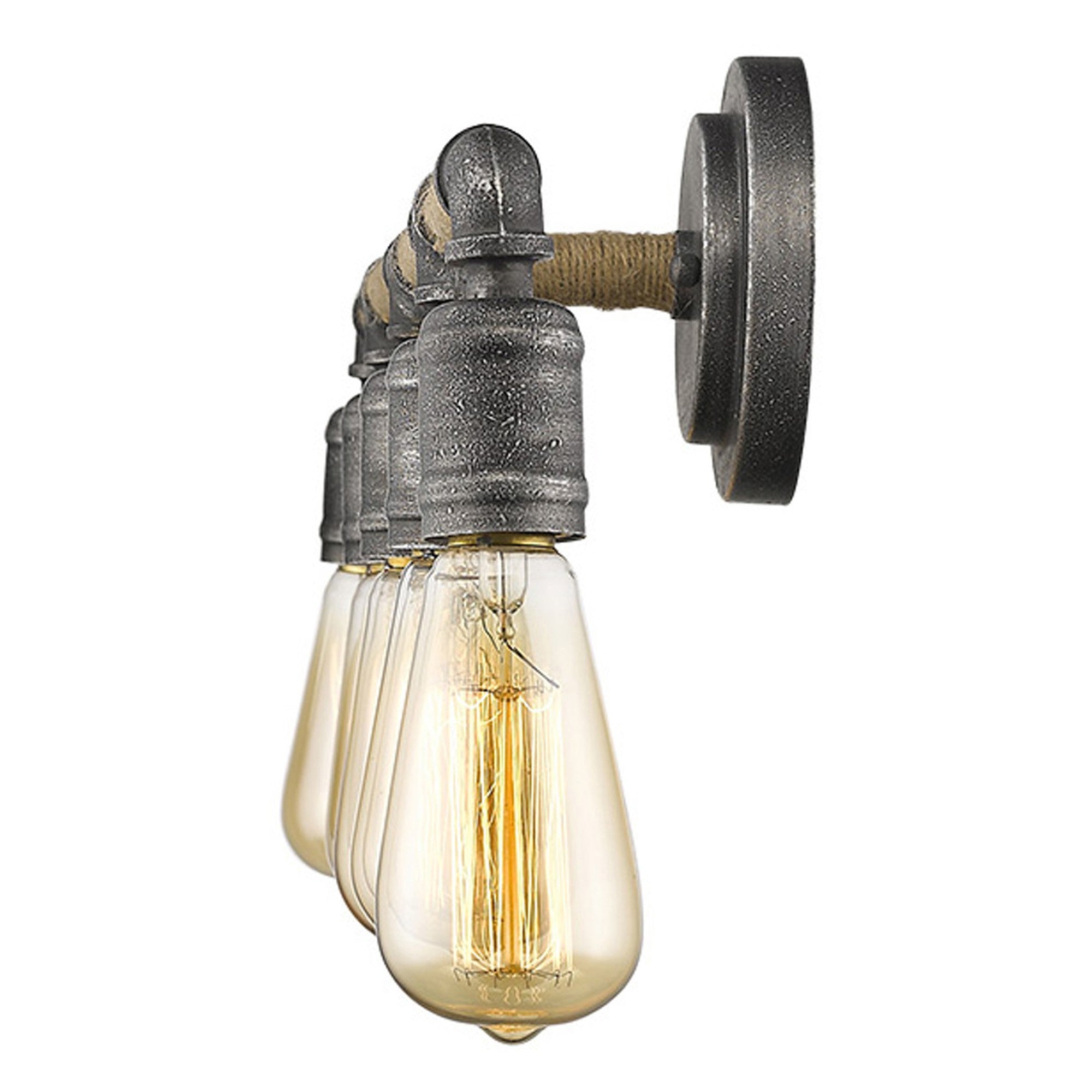 Side view of the Grayson 5-bulb antique gray industrial vanity light with jute-wrapped bar and exposed bulbs