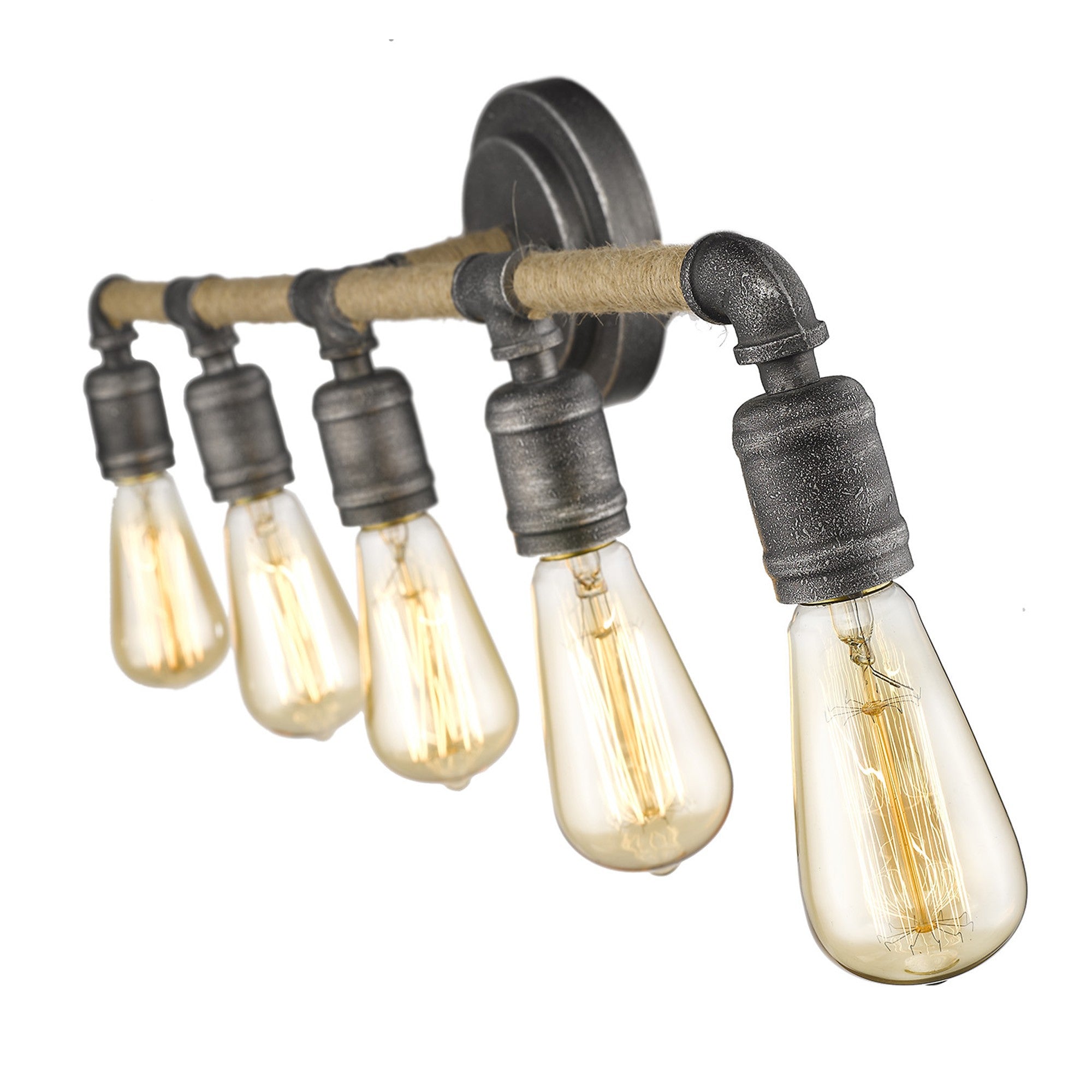 Top down angled view of the lighted Grayson 5-bulb antique gray industrial vanity light with jute-wrapped bar and exposed bulbs