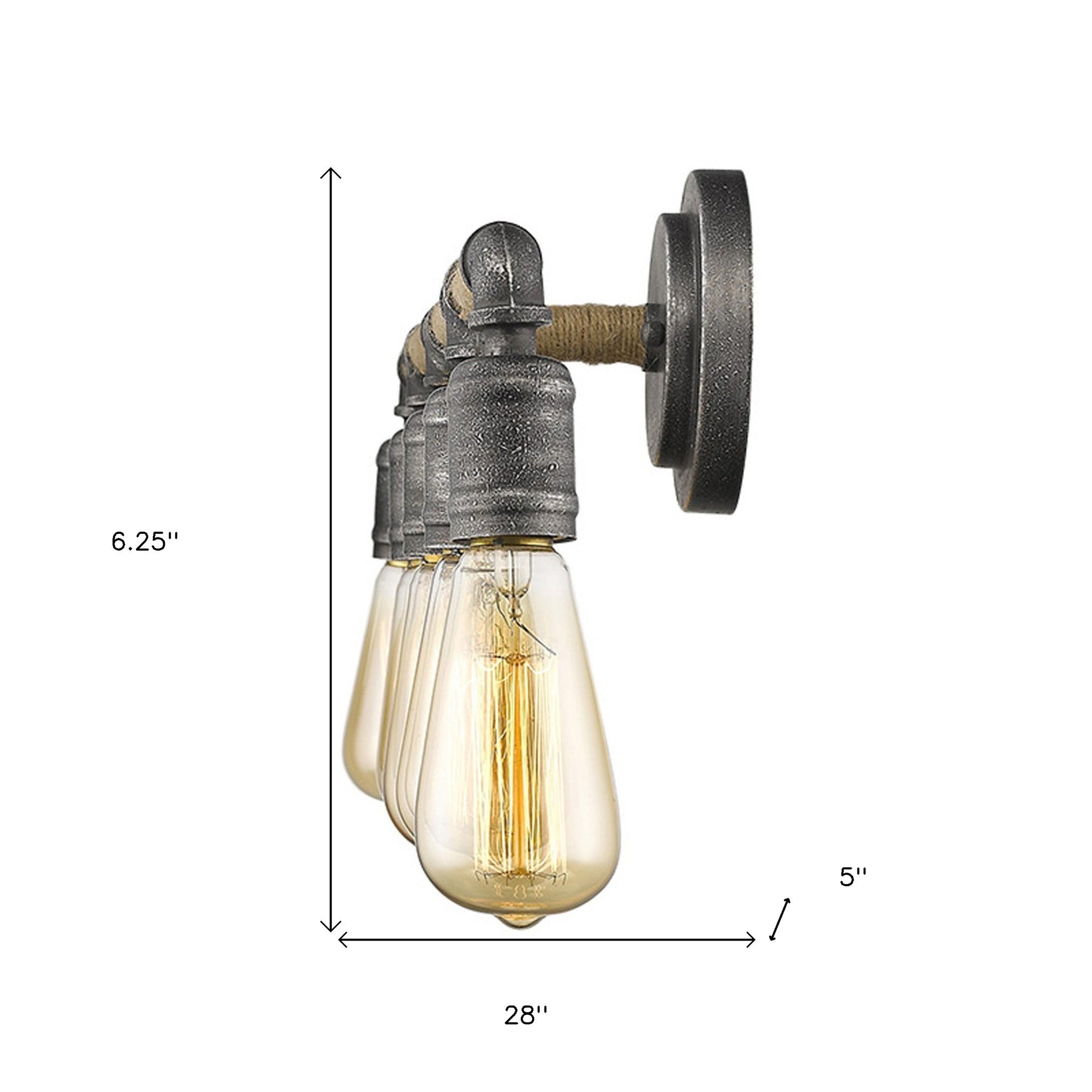 Grayson 5-bulb antique gray industrial vanity light with jute-wrapped bar and exposed bulbs shown with dimensions of six point two five inches high by 28 inches wide by five inches deep