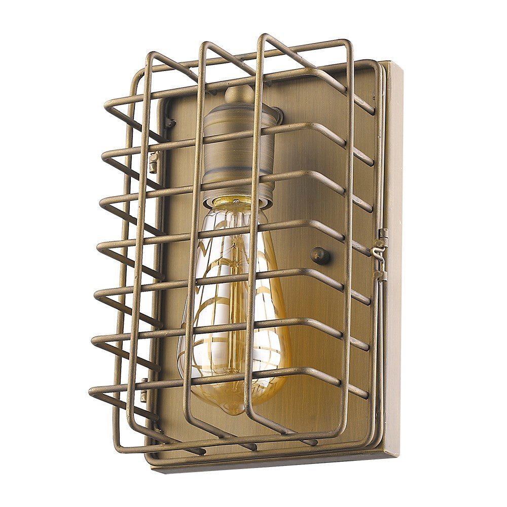 Front angled view of the Industrial gold wall sconce with vintage-style bulb and open metal cage design