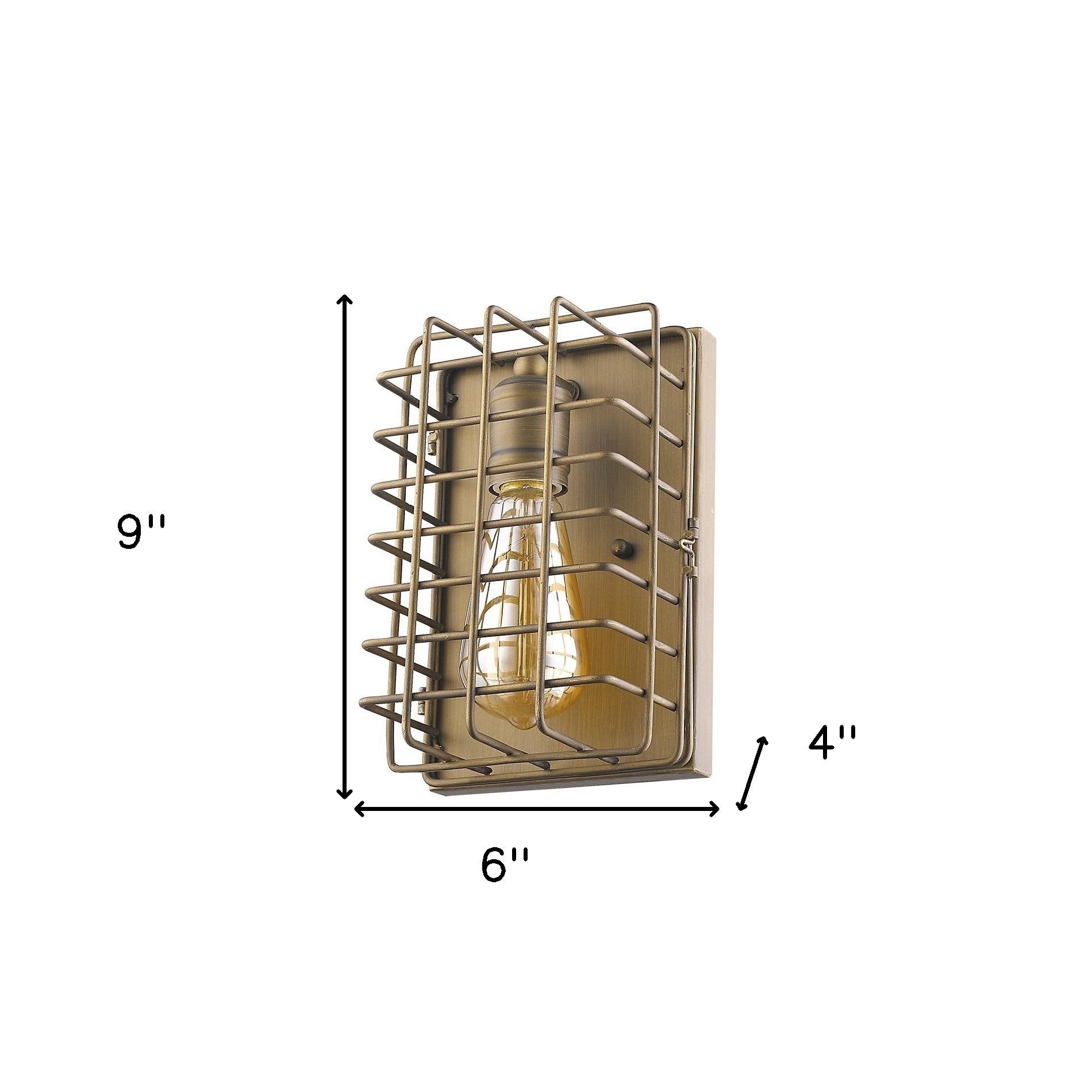 Industrial gold wall sconce with vintage-style bulb and open metal cage design shown with dimensions of nine inches high by six inches wide by four inches deep