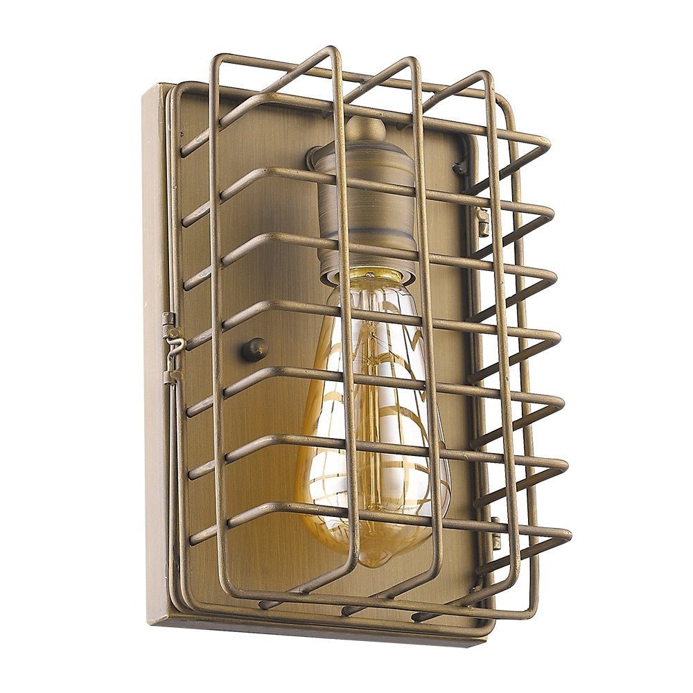 Left side angled view of the Industrial gold wall sconce with vintage-style bulb and open metal cage design