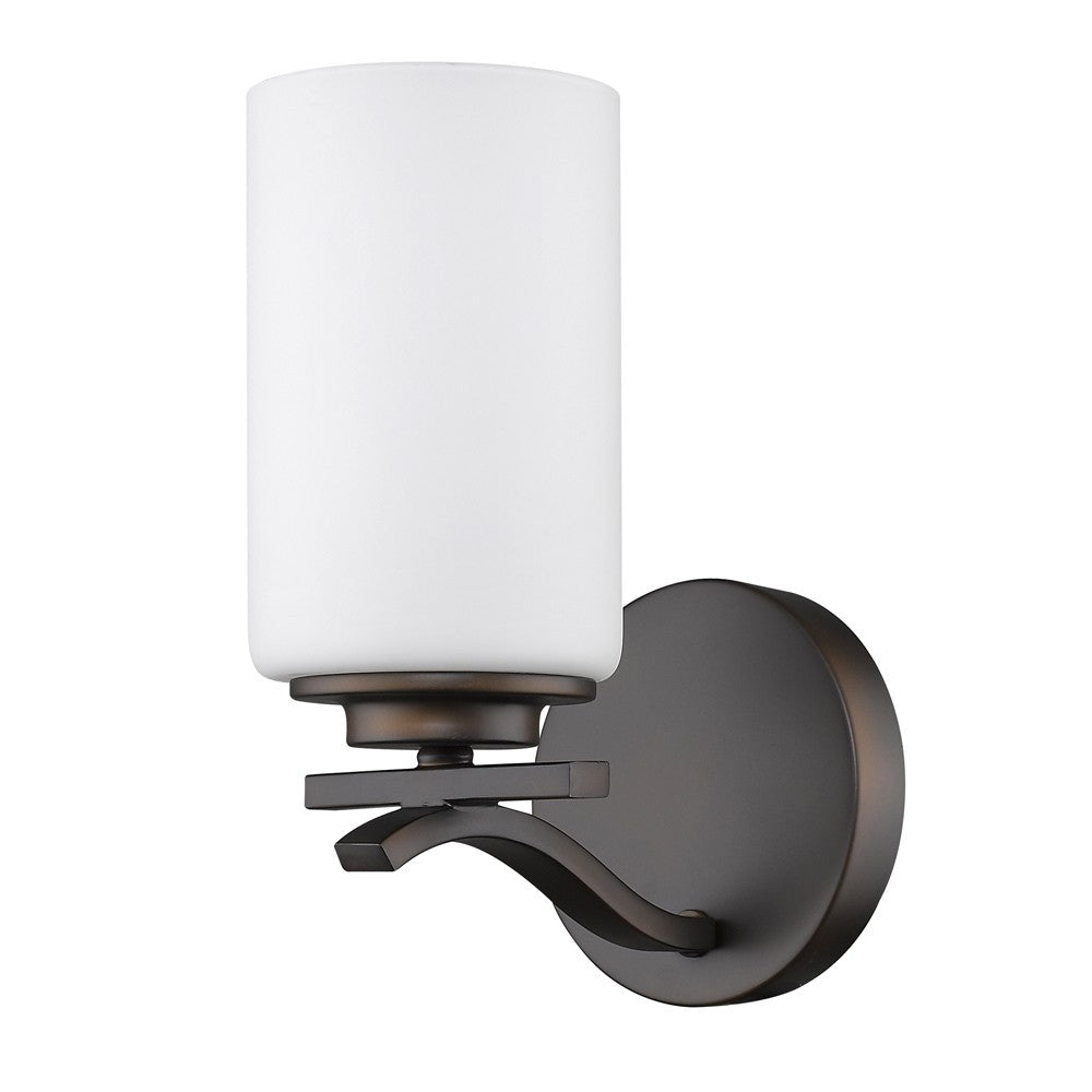 Right side angled view of the One-light bronze wall sconce with frosted cylindrical glass shade and curved metal arm