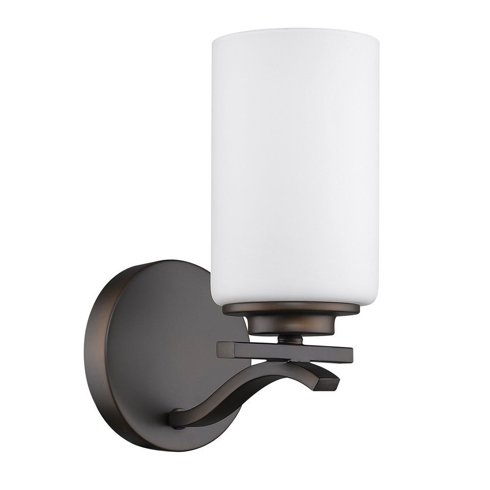 Left side angled view of the One-light bronze wall sconce with frosted cylindrical glass shade and curved metal arm