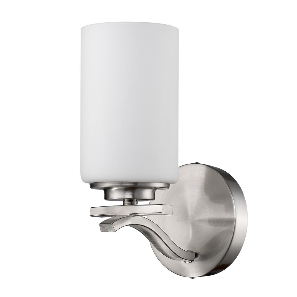 Right side angled view of the One-light brushed silver wall sconce with curved arm and frosted cylindrical glass shade