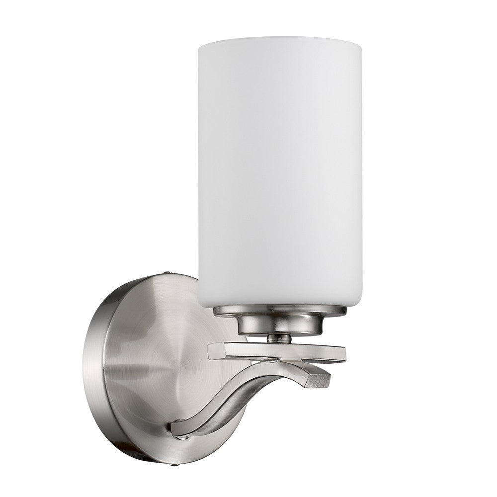 Left side angled view of the One-light brushed silver wall sconce with curved arm and frosted cylindrical glass shade