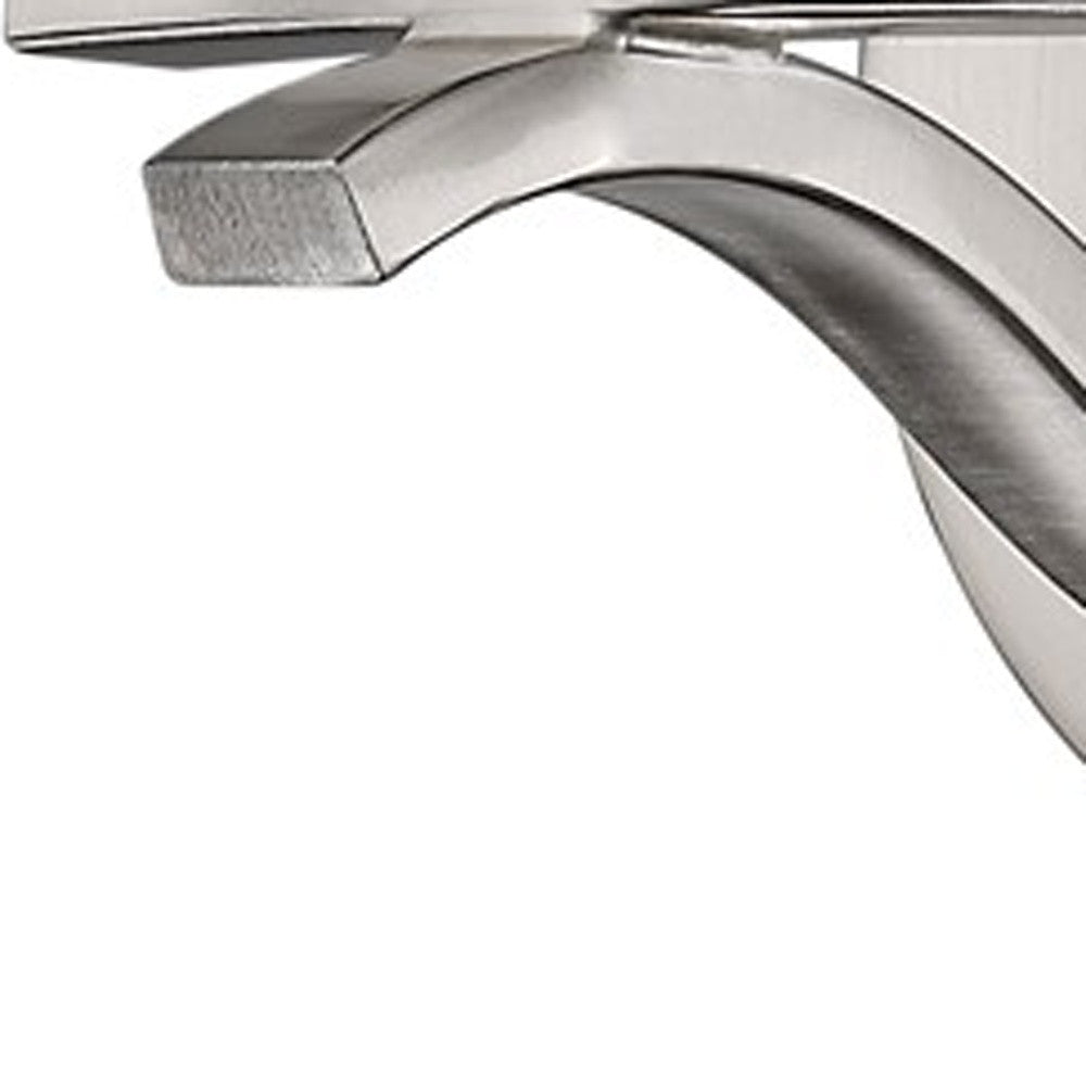 Zoomed in view of the arm on the One-light brushed silver wall sconce with curved arm and frosted cylindrical glass shade