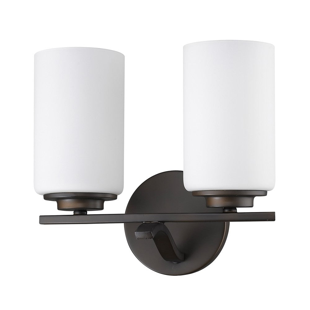 Right side angled view of the Two-light bronze wall sconce with cylindrical frosted glass shades and round base plate