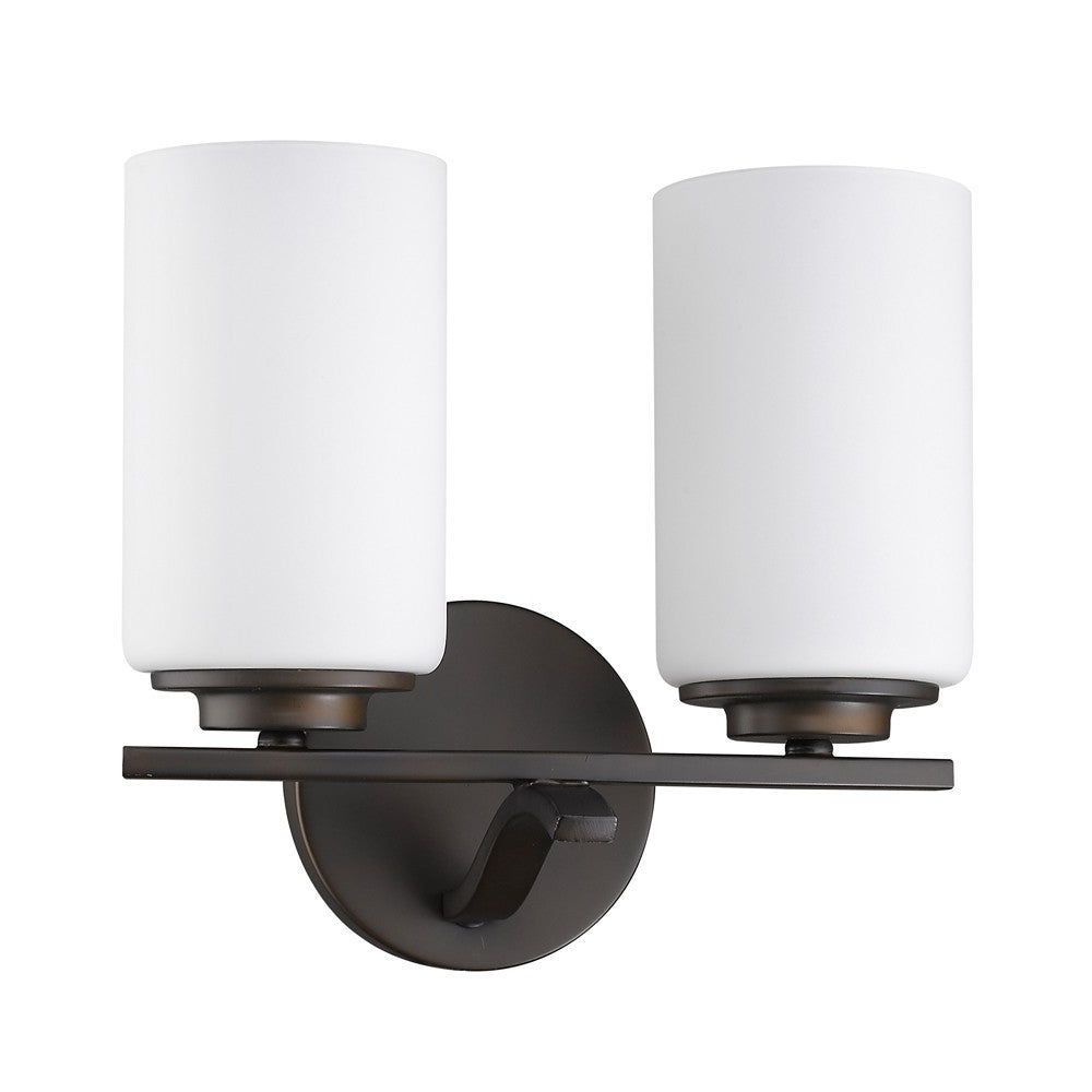 Left side angled view of the Two-light bronze wall sconce with cylindrical frosted glass shades and round base plate