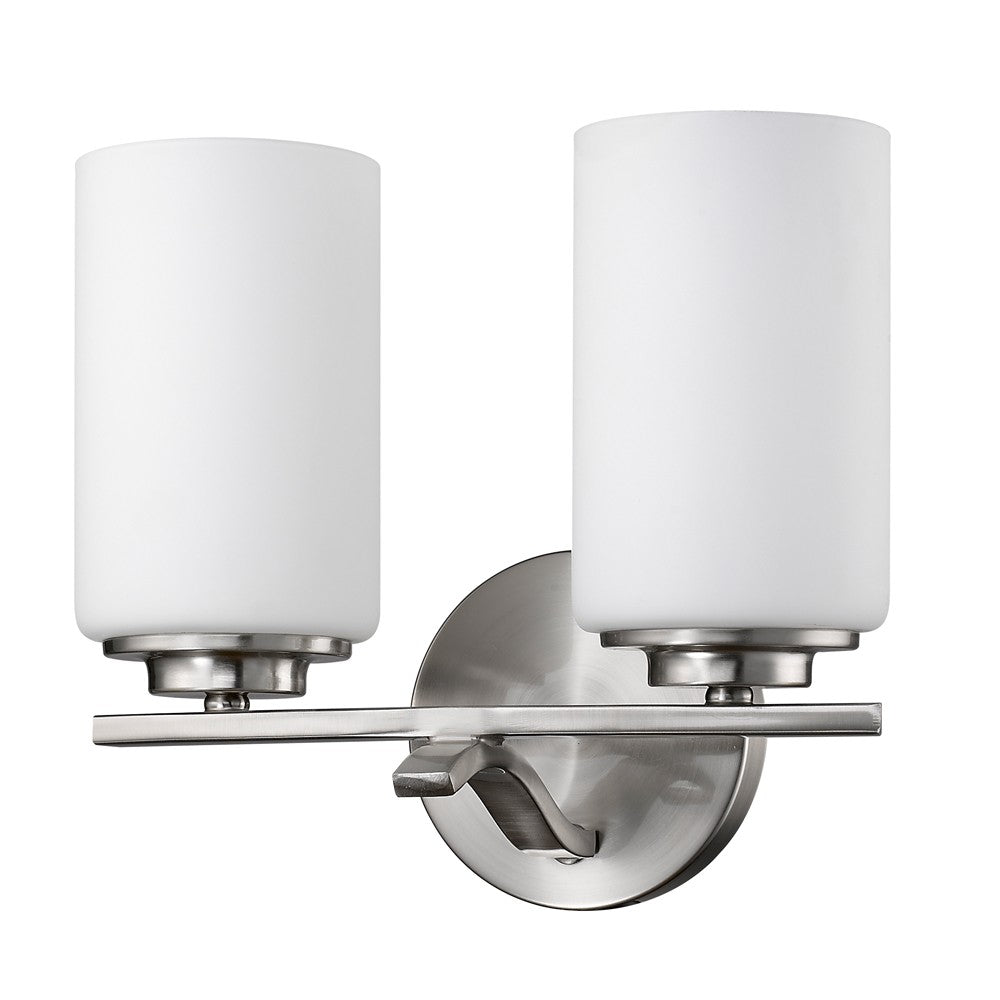Right side angled view of the Two-light brushed silver wall sconce with frosted cylindrical glass shades and modern round backplate