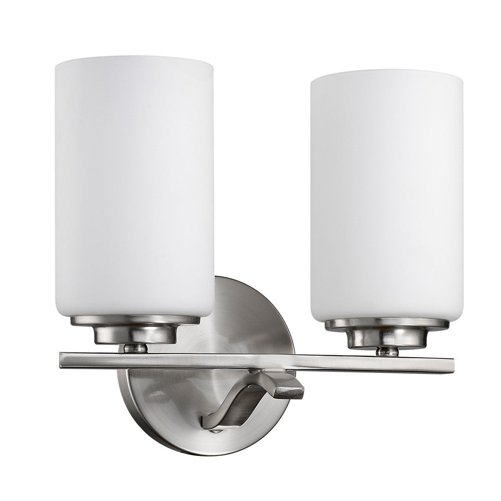 Left side angled view of the Two-light brushed silver wall sconce with frosted cylindrical glass shades and modern round backplate