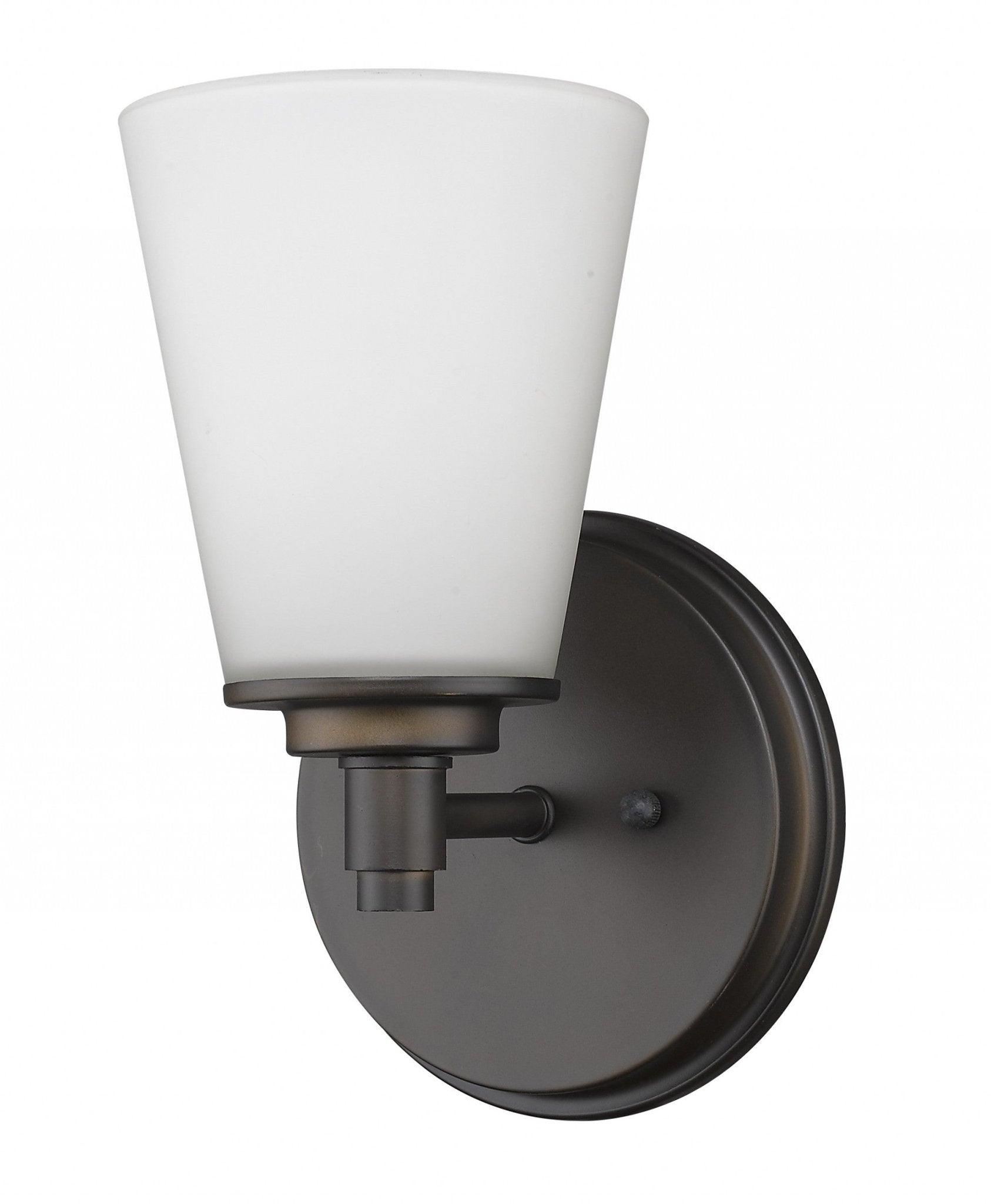 Right side angled view of the Single bronze wall light with tapered frosted glass shade and round backplate