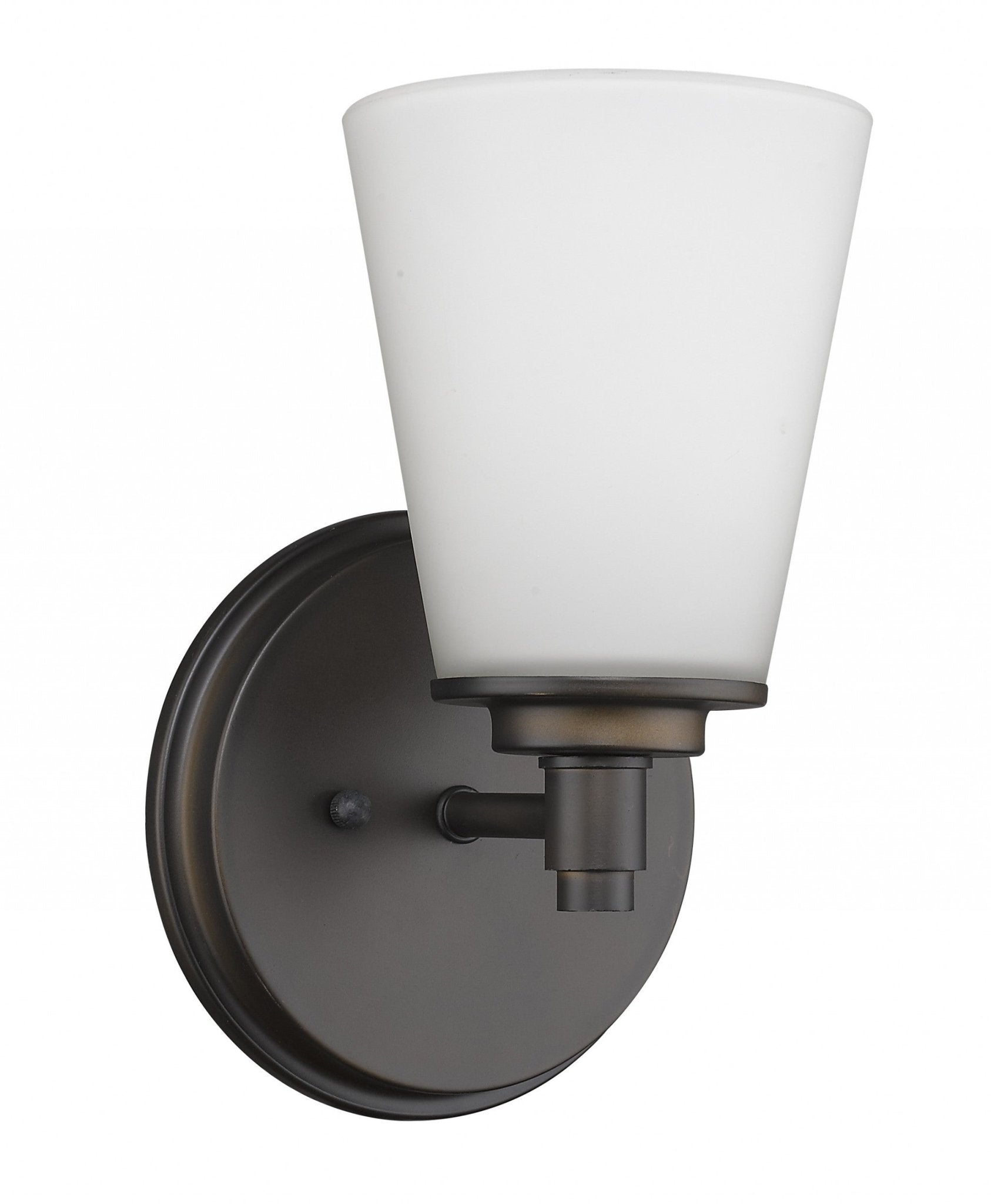 Left side angled view of the Single bronze wall light with tapered frosted glass shade and round backplate