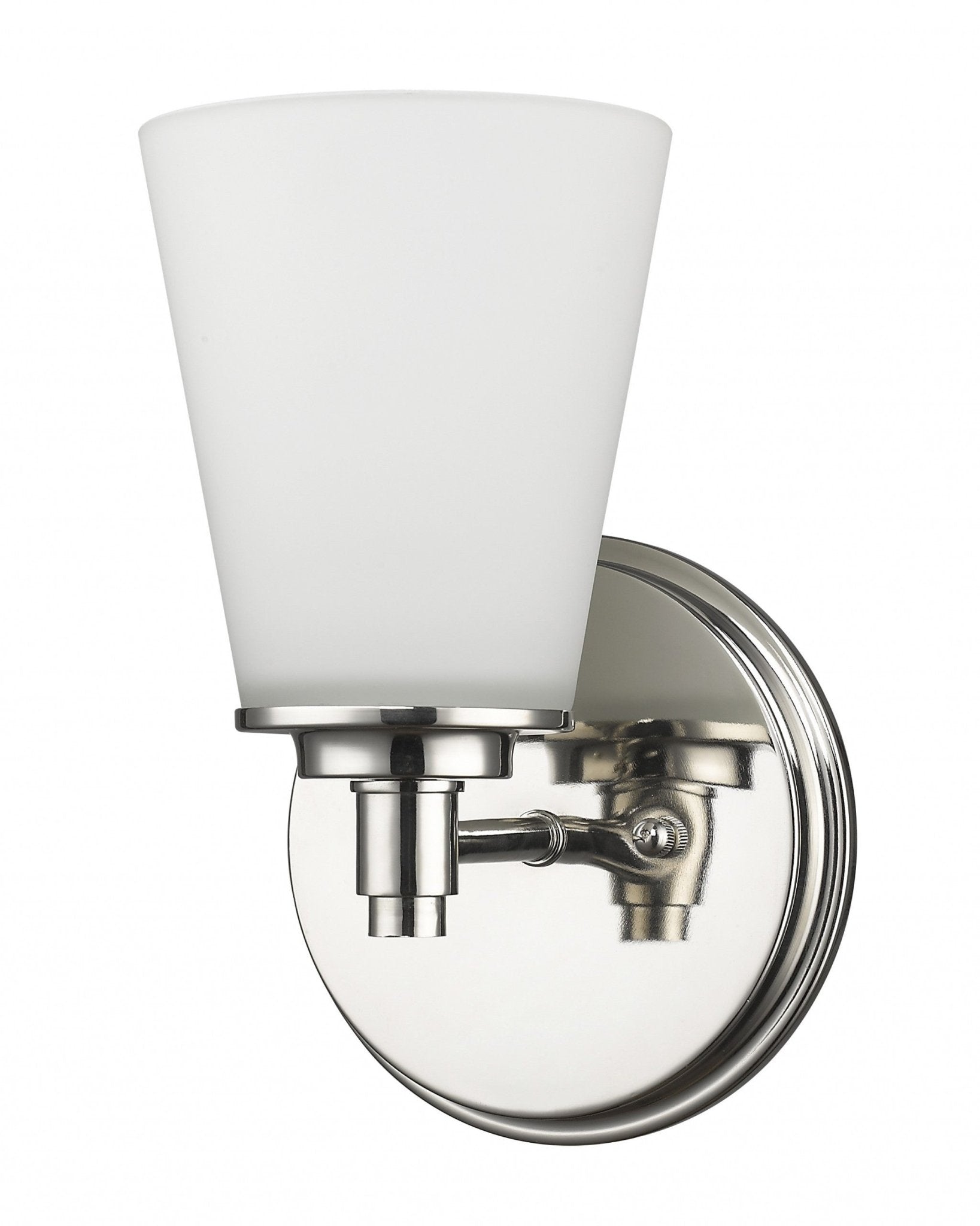 Right side angled view of the Single silver wall light with tapered frosted glass shade and round backplate