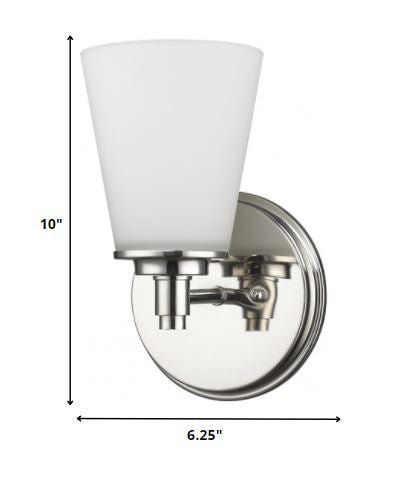 Single silver wall light with tapered frosted glass shade and round backplate shown with dimensions of ten inches high by six point two five inches wide