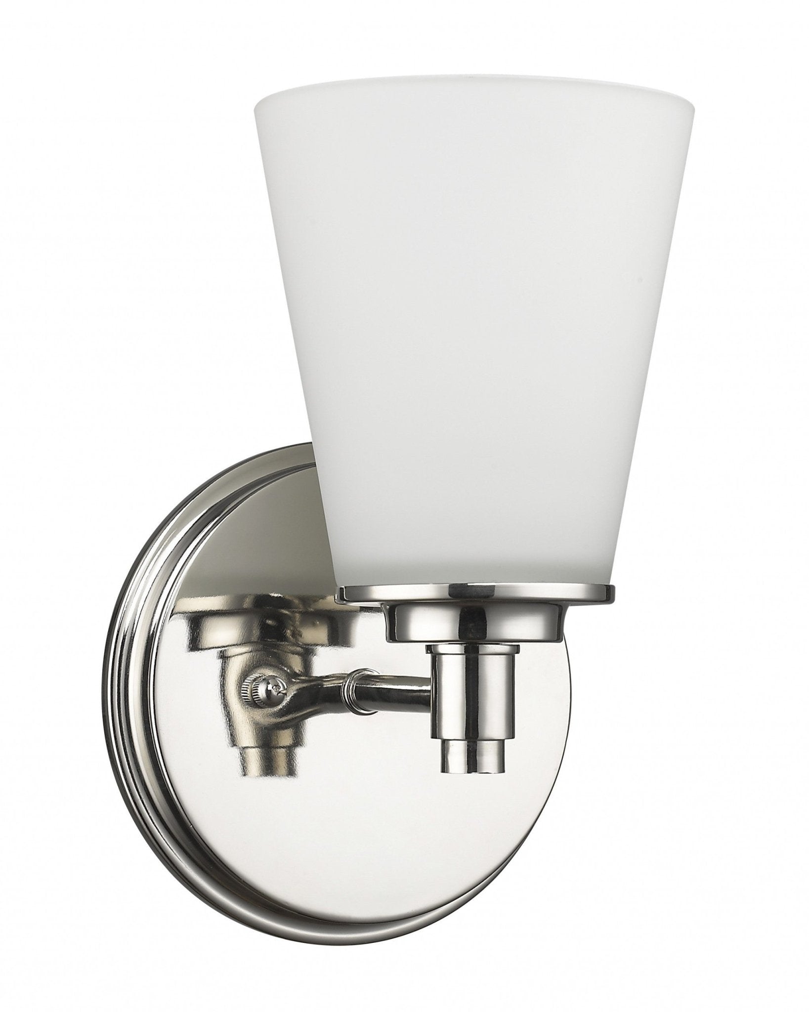 Left side angled view of the Single silver wall light with tapered frosted glass shade and round backplate