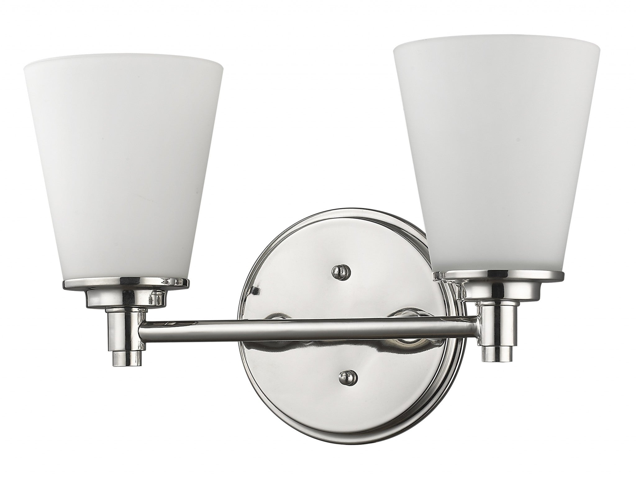Right side angled view of the Two-light silver wall fixture with frosted glass shades and round backplate


