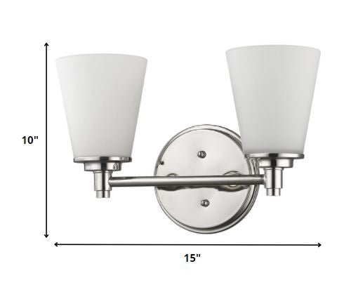Two-light silver wall fixture with frosted glass shades and round backplate shown with dimensions of ten inches high by fifteen inches wide