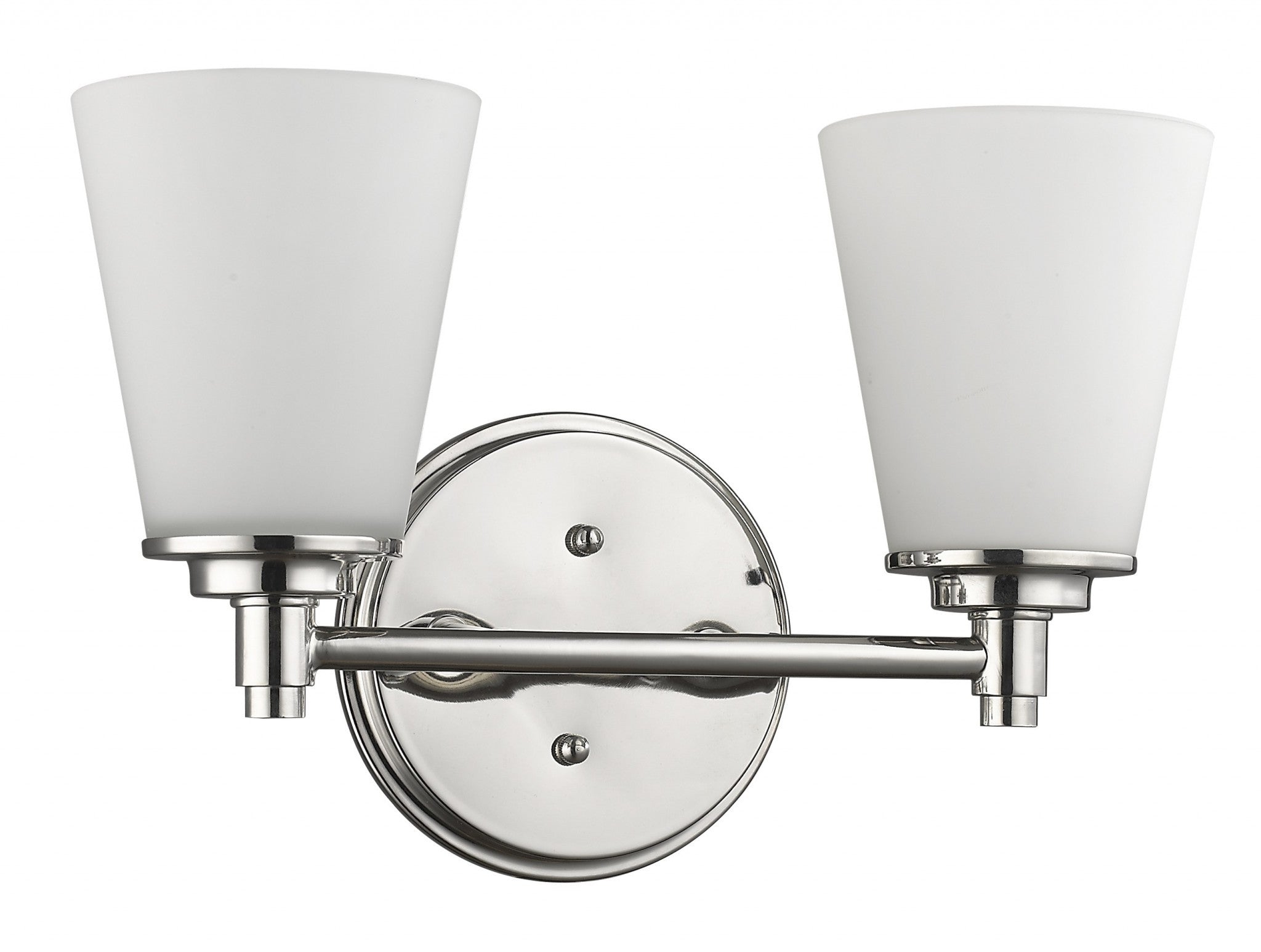 Left side angled view of the Two-light silver wall fixture with frosted glass shades and round backplate