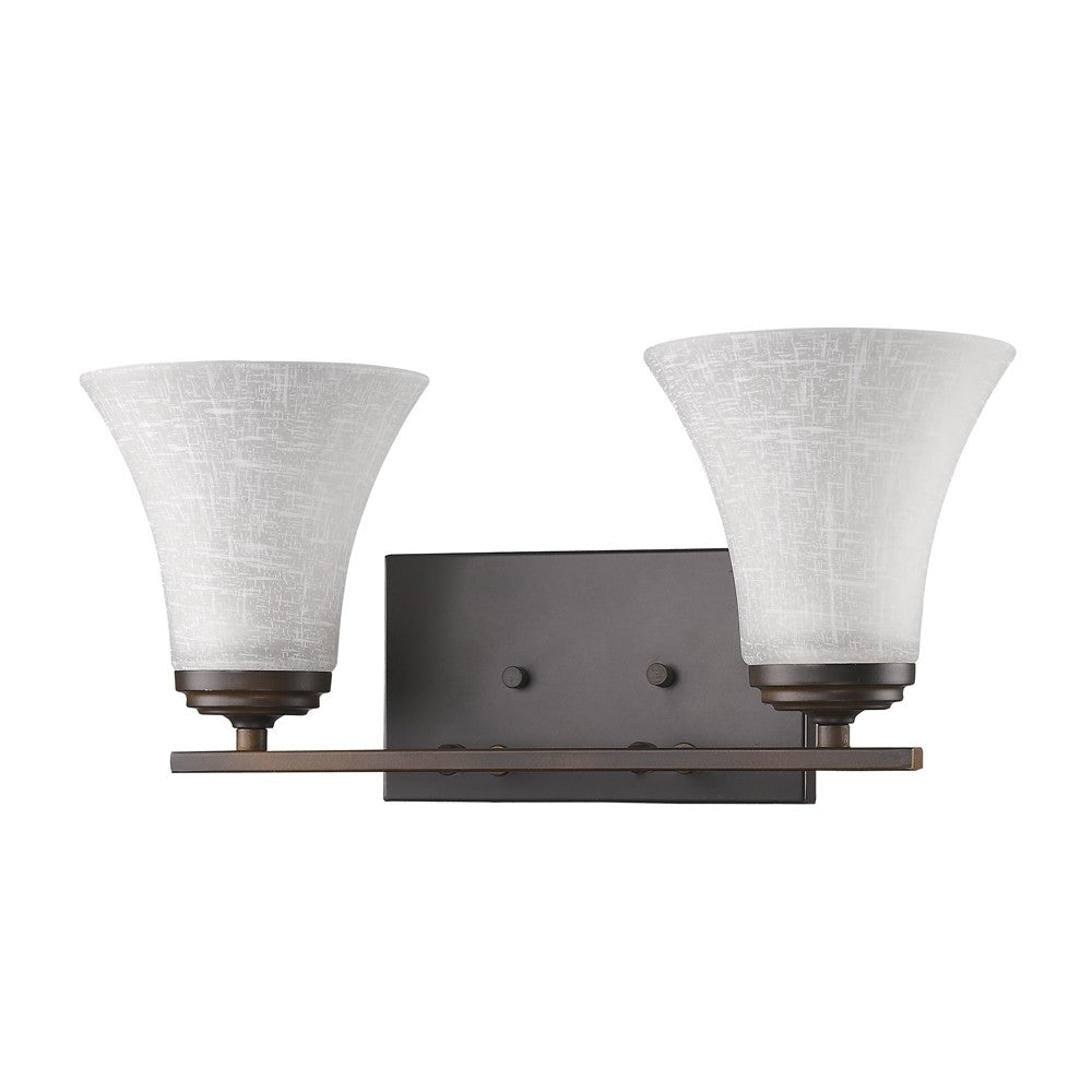 Right side angled view of the Two-light bronze wall fixture with tapered textured white glass shades and rectangular backplate