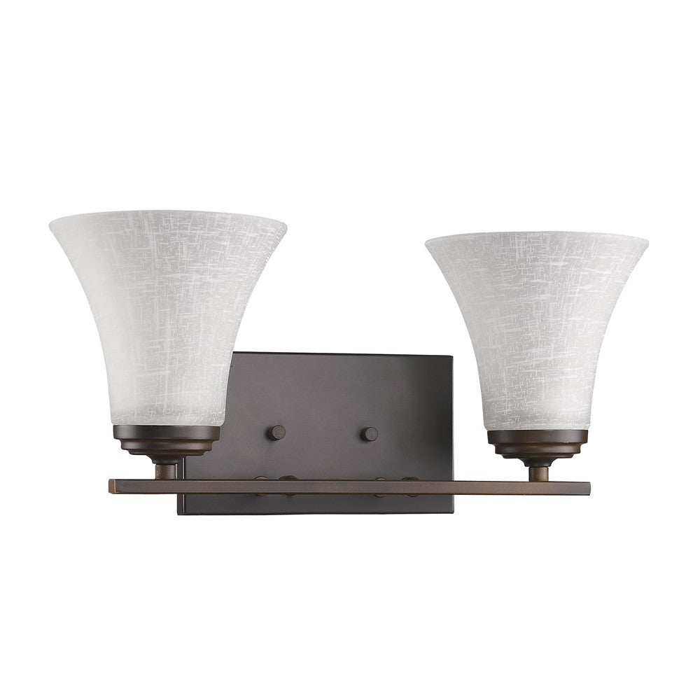 Left side angled view of the Two-light bronze wall fixture with tapered textured white glass shades and rectangular backplate
