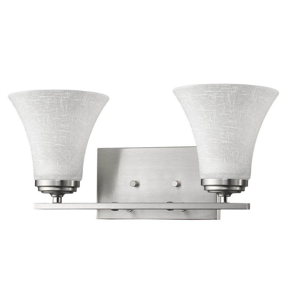 Angled view of the Two-light silver wall fixture with tapered textured glass shades and modern rectangular backplate