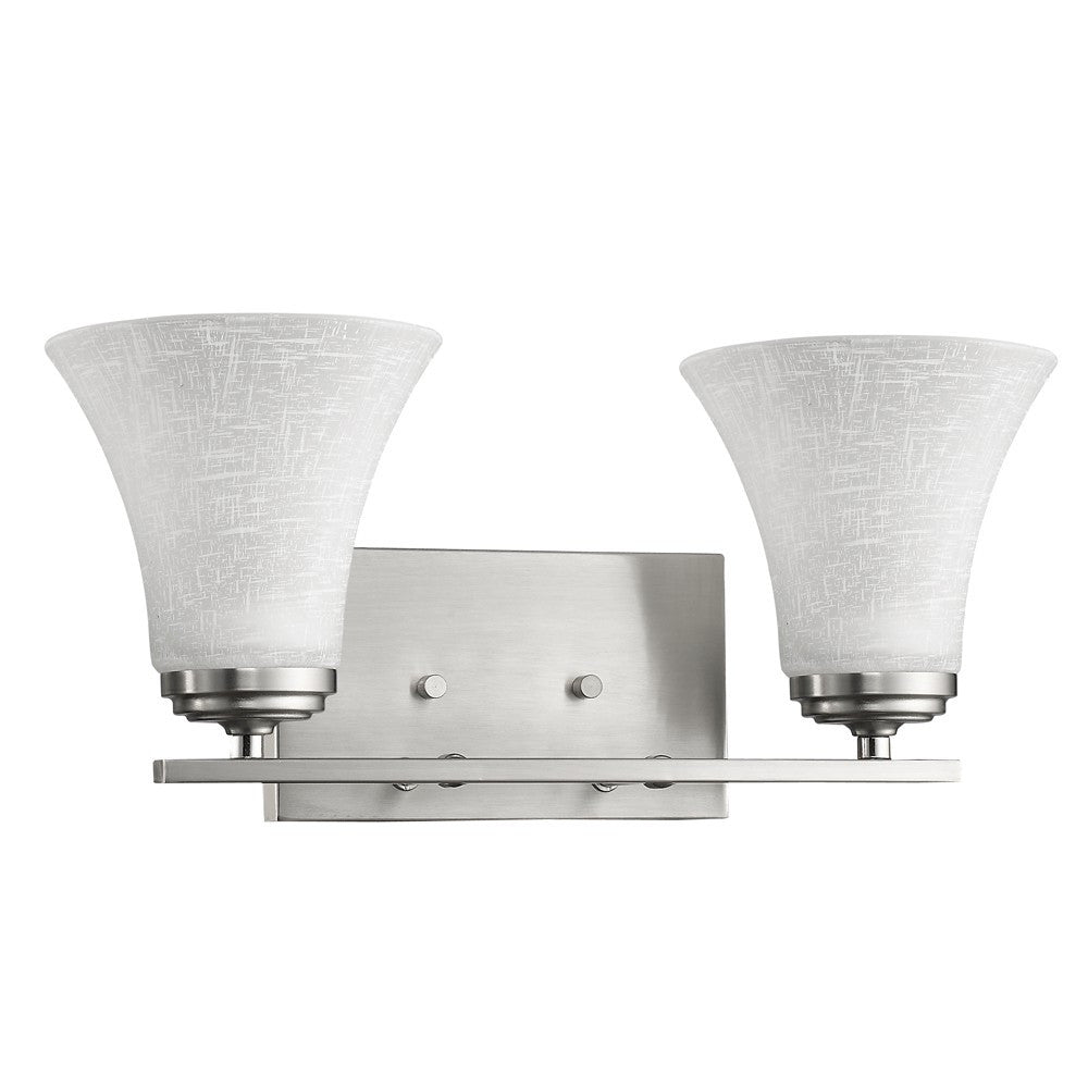Left side angled view of the Two-light silver wall fixture with tapered textured glass shades and modern rectangular backplate