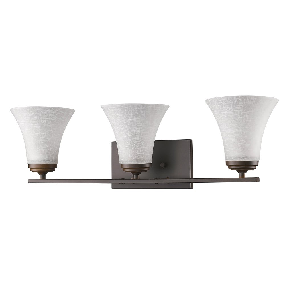 Right front angled side view of the Three-Light Bronze Wall Fixture with Tapered Textured Glass Shades and classic design