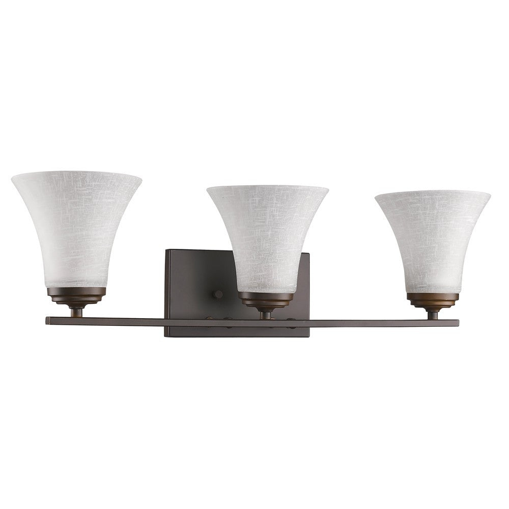 Left front angled side view of the Three-Light Bronze Wall Fixture with Tapered Textured Glass Shades and classic design