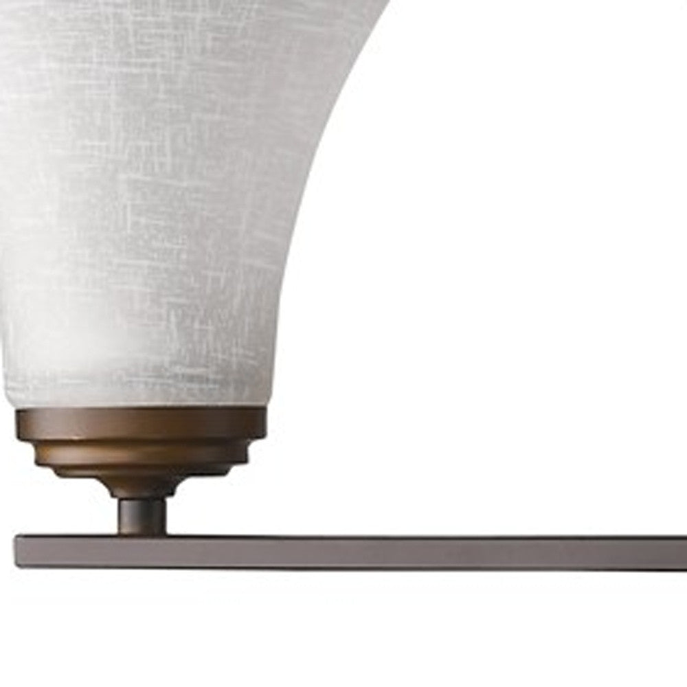 Zoomed in view of the arm and glass shade of the Three-Light Bronze Wall Fixture with Tapered Textured Glass Shades and classic design