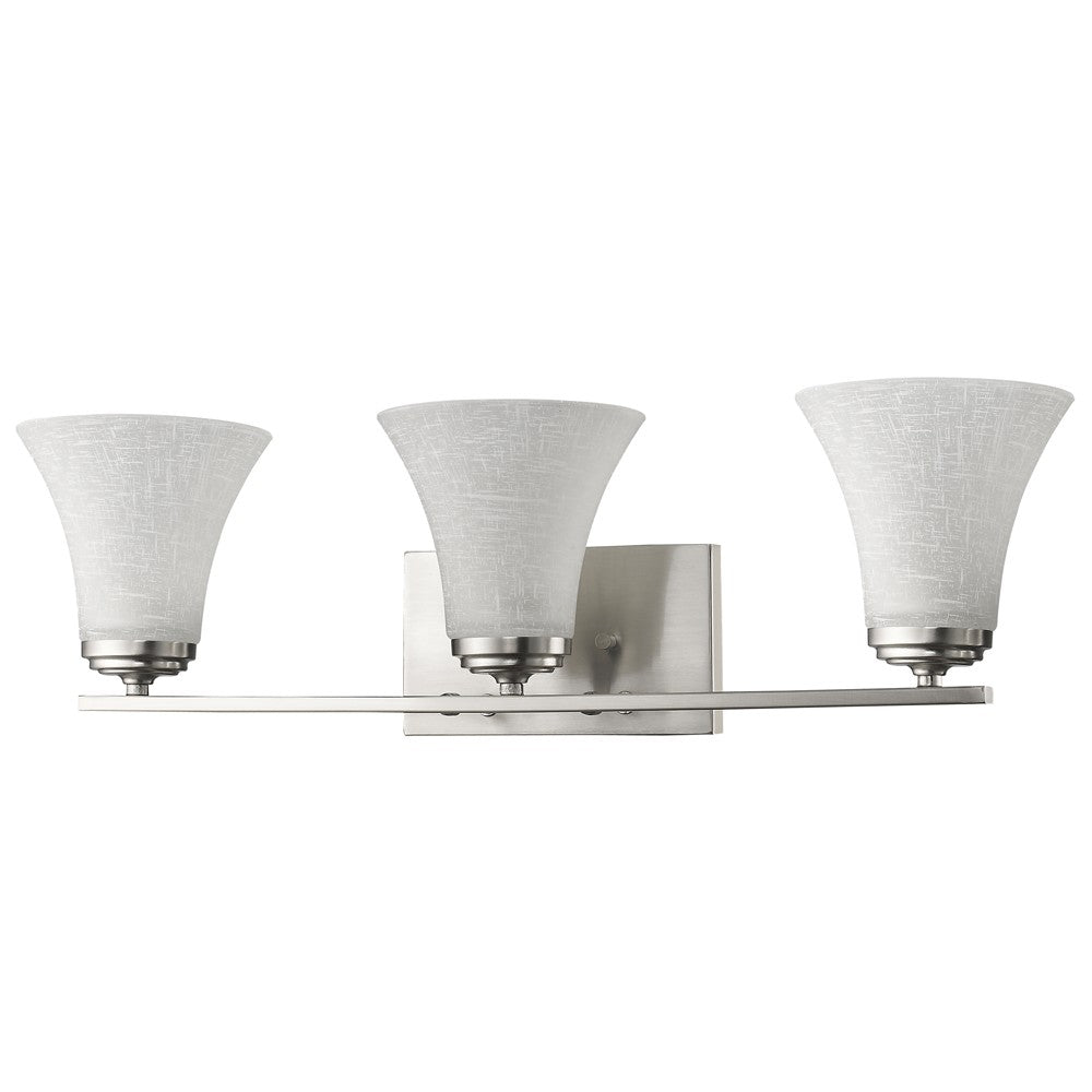 Front side view of the Three-Light Silver Wall Fixture with Tapered Textured Glass Shades and brushed nickel finish