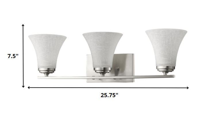 Three-Light Silver Wall Fixture with Tapered Textured Glass Shades and brushed nickel finish shown with dimensions of seven point five inches high by twenty five point seven five inches wide