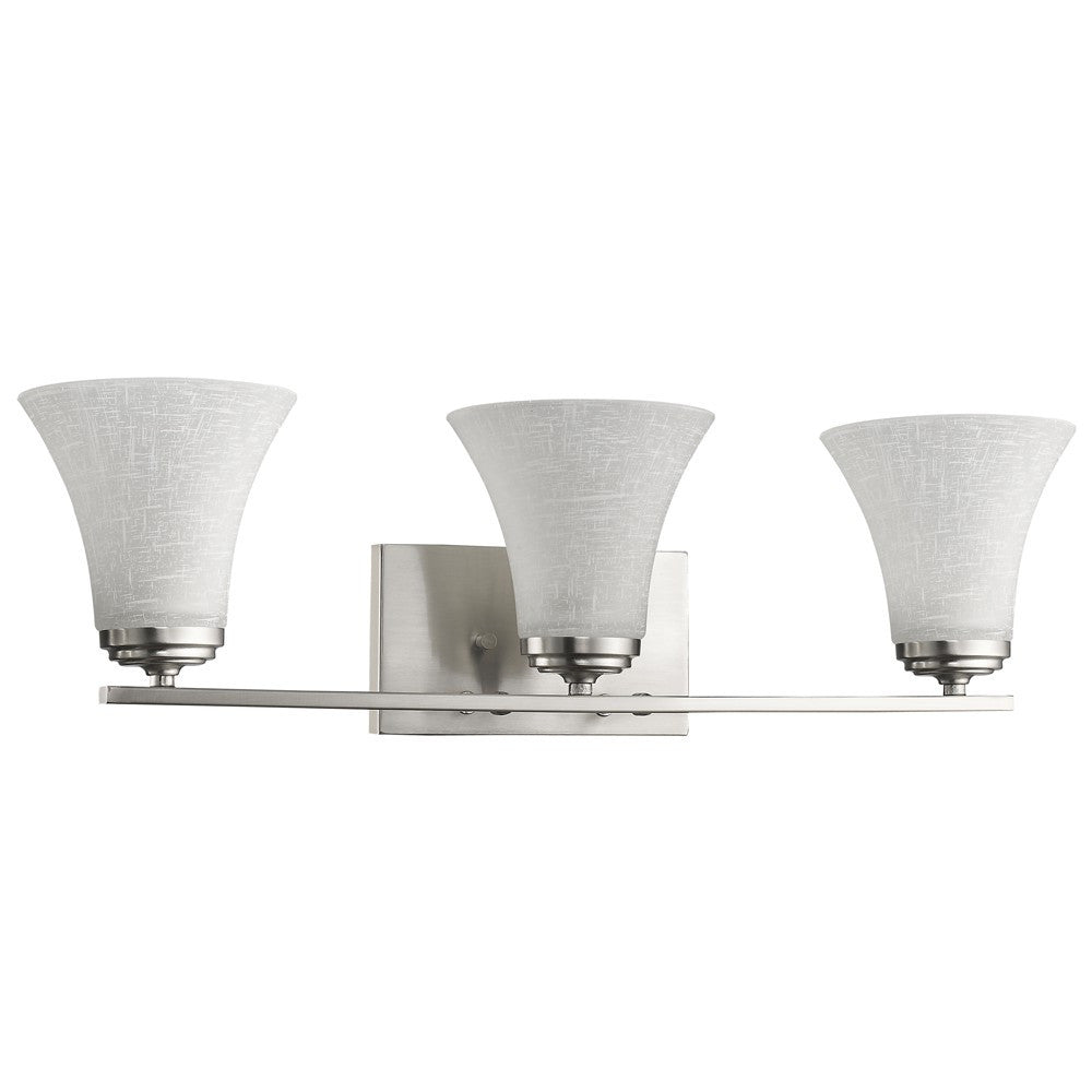 Left Front side view of the Three-Light Silver Wall Fixture with Tapered Textured Glass Shades and brushed nickel finish