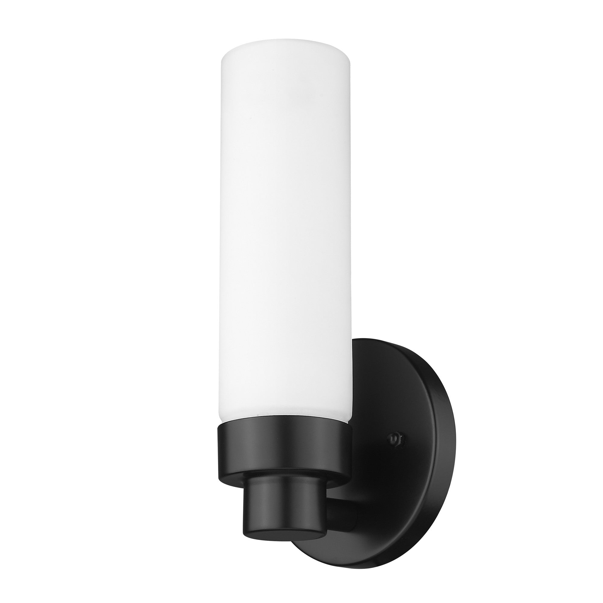 Right side angled view of the Matte Black Wall Sconce with Narrow Frosted Cylinder Glass Shade and minimalist design