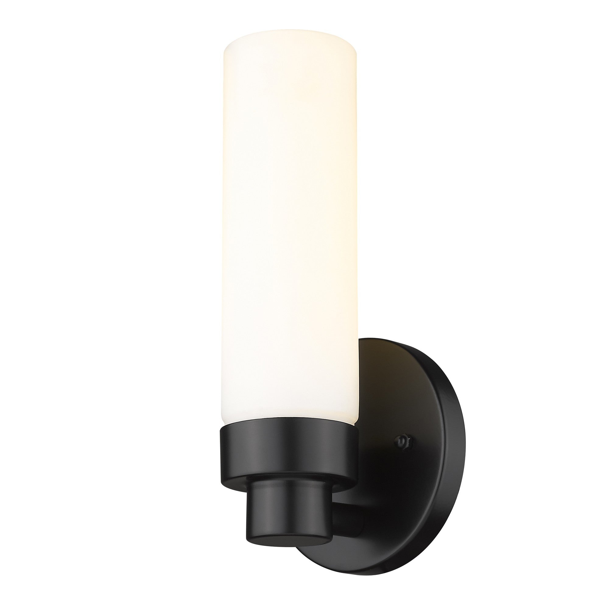 Right side angled view of the lighted Matte Black Wall Sconce with Narrow Frosted Cylinder Glass Shade and minimalist design