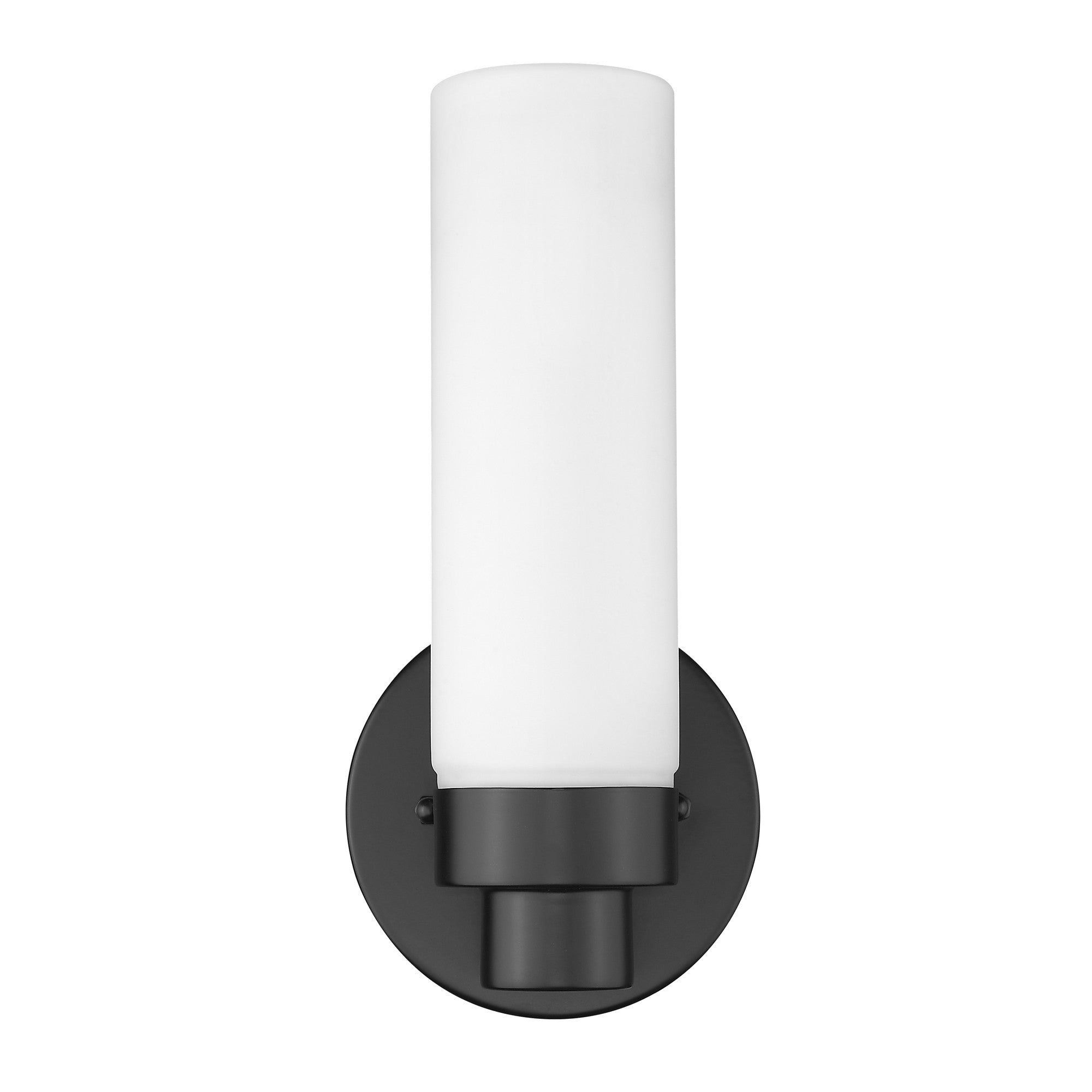 Front view of the Matte Black Wall Sconce with Narrow Frosted Cylinder Glass Shade and minimalist design