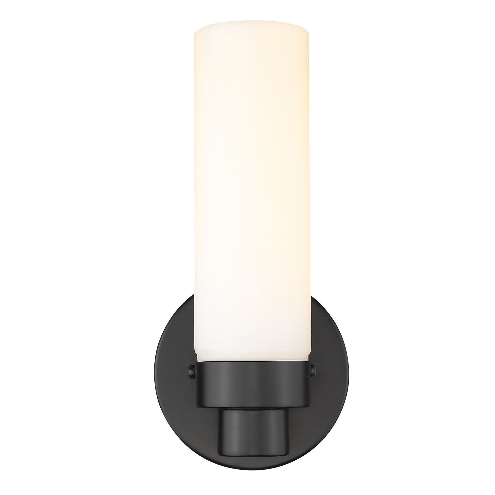 Front view of the lighted Matte Black Wall Sconce with Narrow Frosted Cylinder Glass Shade and minimalist design