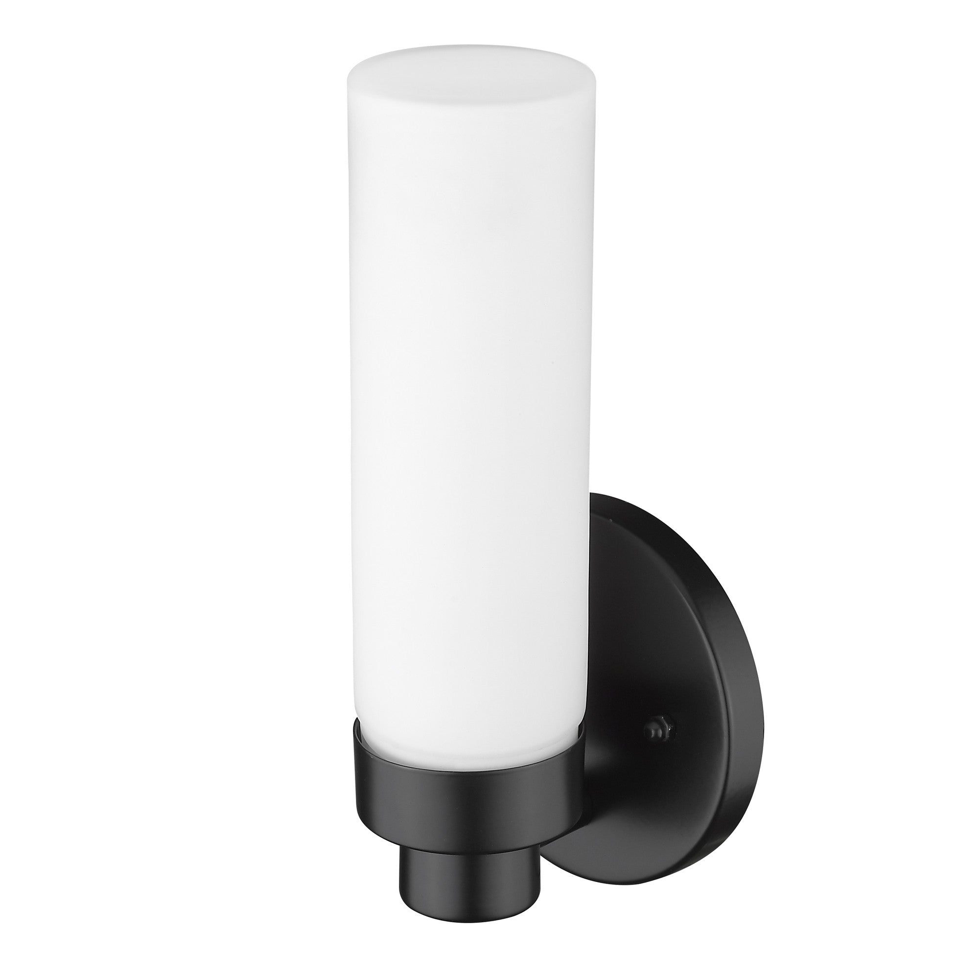 Top down angled view of the Matte Black Wall Sconce with Narrow Frosted Cylinder Glass Shade and minimalist design