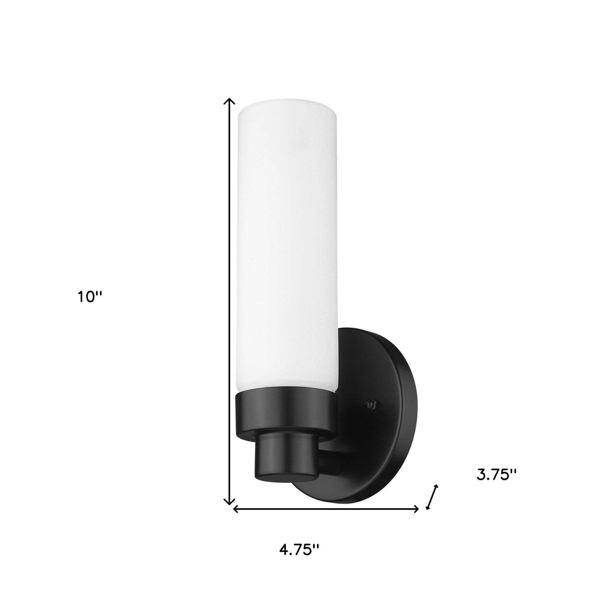 Matte Black Wall Sconce with Narrow Frosted Cylinder Glass Shade and minimalist design shown with dimensions of ten inches high by four point seven five inches wide by three point seven five inches deep