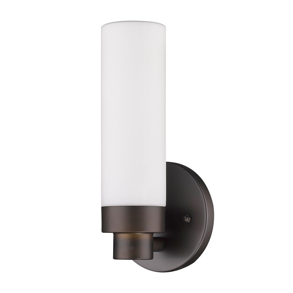 Side angled view of the Bronze Wall Sconce with Narrow Frosted Cylinder Glass Shade and minimalist design