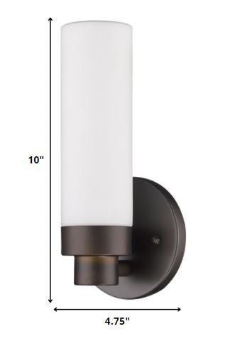 Bronze Wall Sconce with Narrow Frosted Cylinder Glass Shade and minimalist design shown with dimensions of ten inches high by four point seven five inches wide