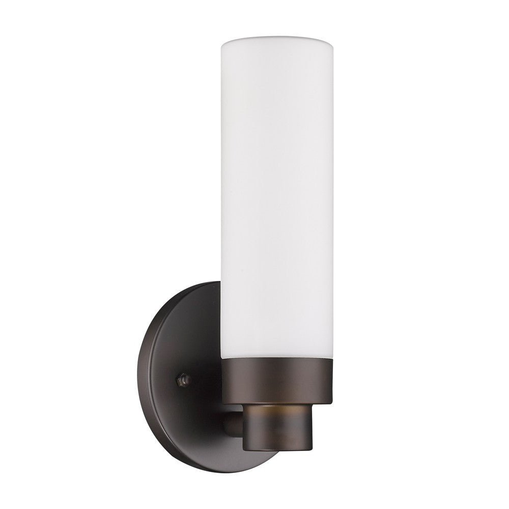 Left Side angled view of the Bronze Wall Sconce with Narrow Frosted Cylinder Glass Shade and minimalist design